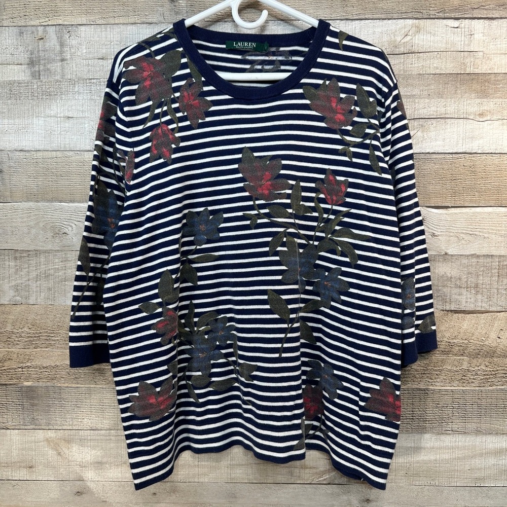 Lauren Ralph Lauren Womens 3X Navy White Striped Floral Print 3/4 Sleeve Sweater